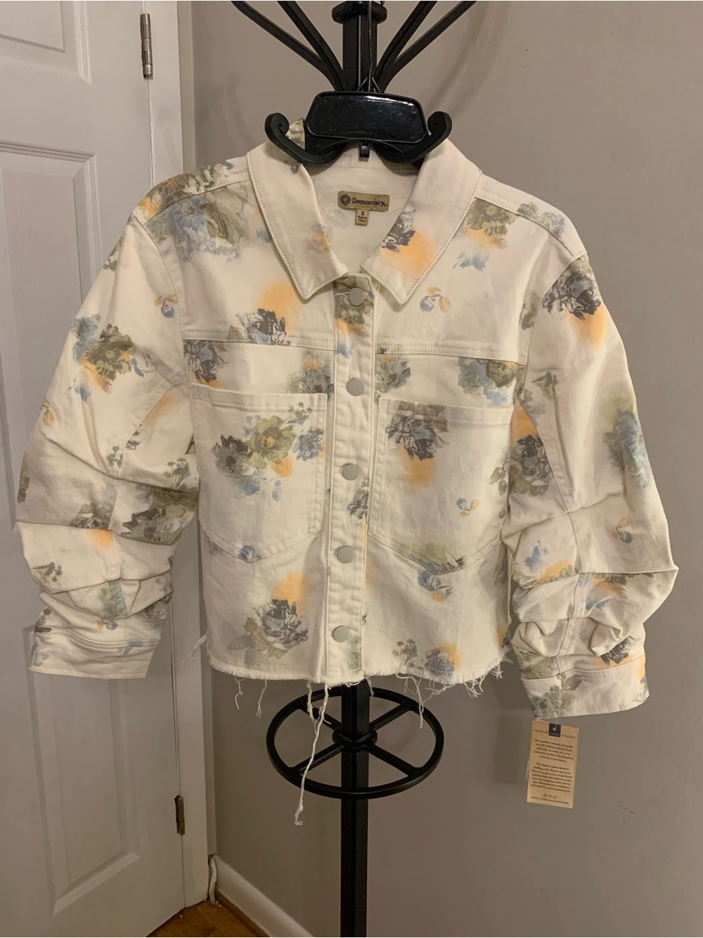 Democracy Cream Floral Cropped Jean Jacket